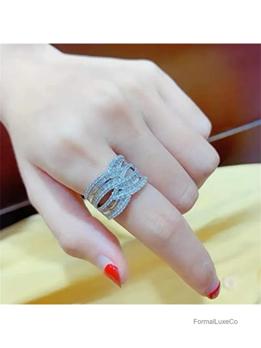 Sterling Silver Cubic Zirconia Cocktail Ring Criss Cross Multi Row Band